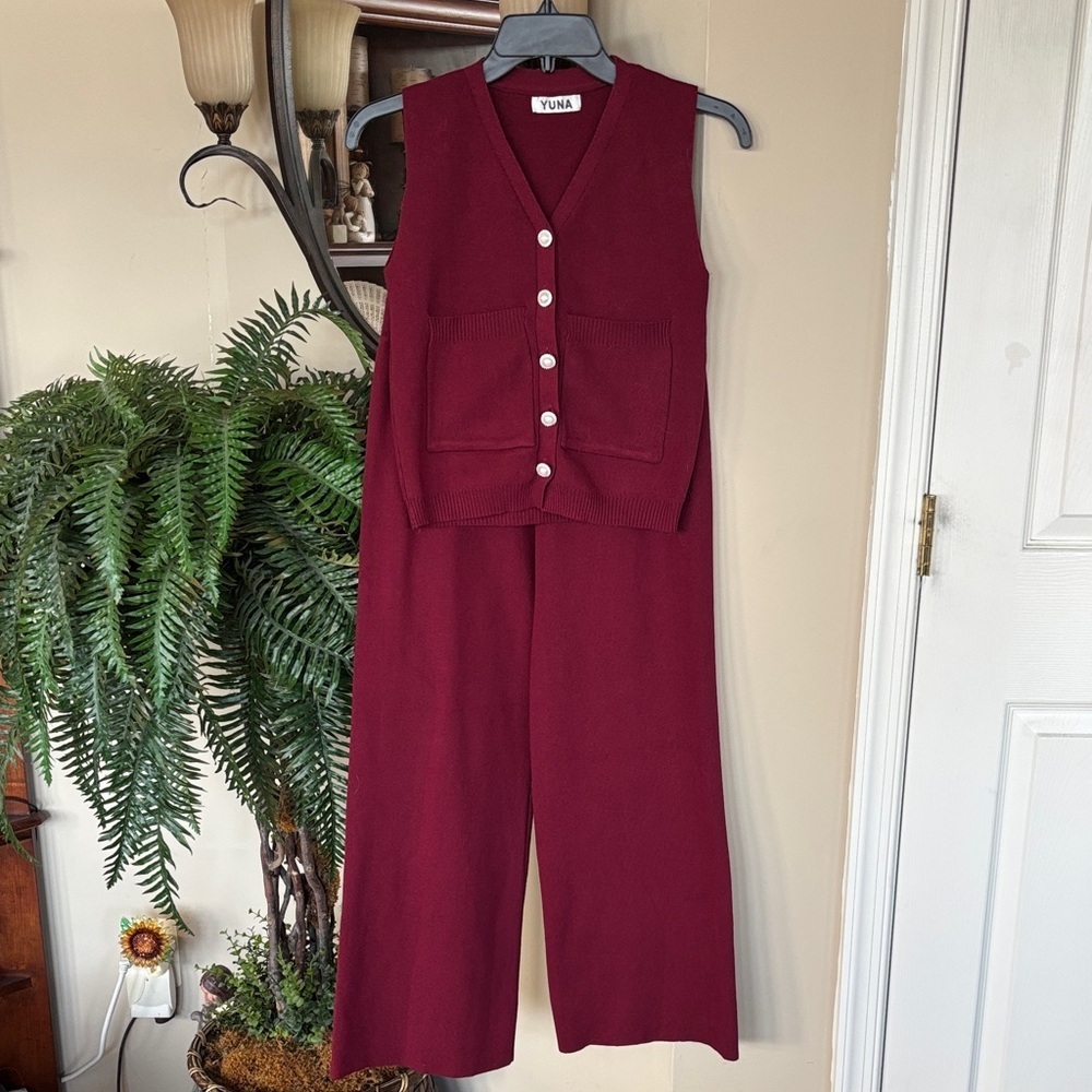 Brand New YUNA 2-Piece Knit Set Button Up Vest & Wide Leg Pants Maroon Office